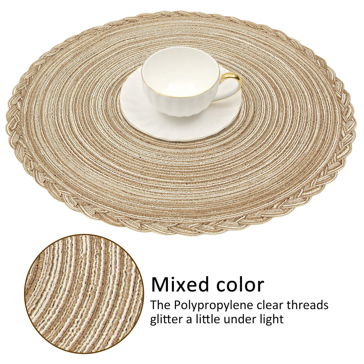 Braided Placemats for Dining Table Set of 6 - Round 15 inch Woven Heat Resistant Non-Slip Kitchen Table Mats, Red Light Coffee