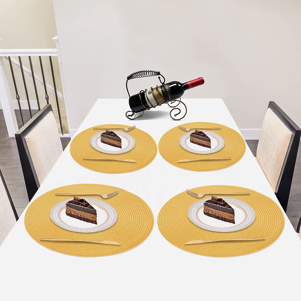 Braided Placemats for Dining Table Set of 6 - Round 15 inch Woven Heat Resistant Non-Slip Kitchen Table Mats, Red Yellow