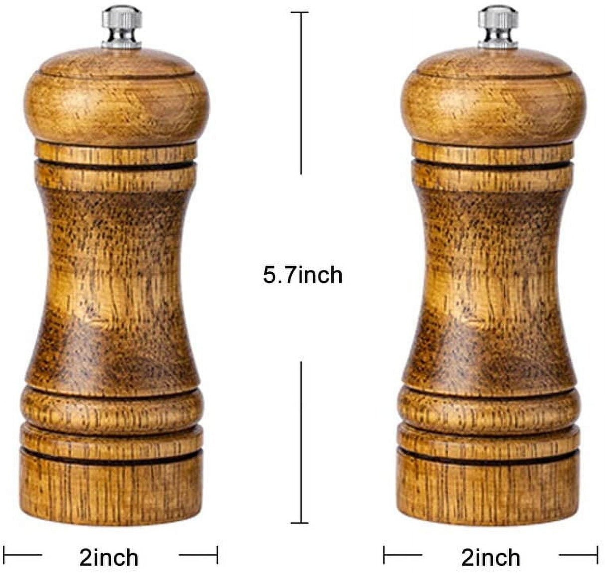 Oak Wood Salt and Pepper Grinder Set: Premium Mills Shakers with Adjustable Coarseness (Set of 2) - 5inch