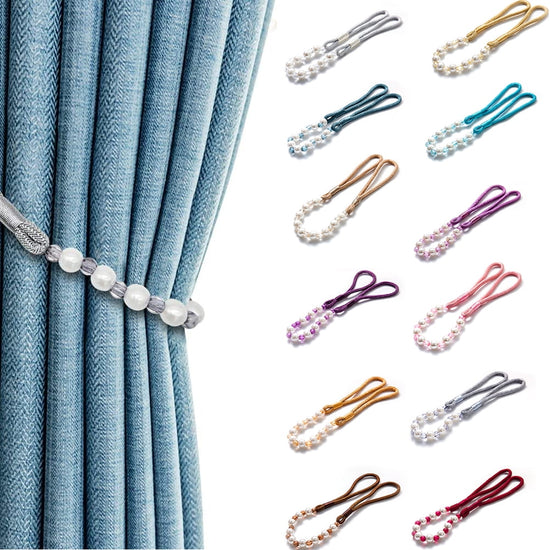 2 Pack Acrylic Pearl Curtain Tie Backs Curtain Hooks, Elegant Beads Curtain Rope Straps, Decorative Holdbacks Curtain Holders, 29in Sliver Grey