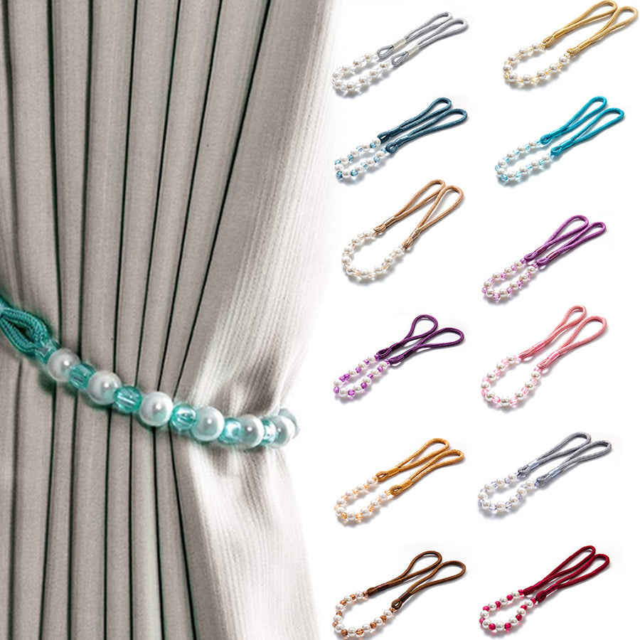 2 Pack Acrylic Pearl Curtain Tie Backs Curtain Hooks, Elegant Beads Curtain Rope Straps, Decorative Holdbacks Curtain Holders, 29in Sliver Grey