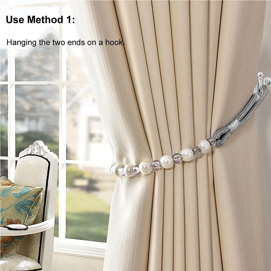 2 Pack Acrylic Pearl Curtain Tie Backs Curtain Hooks, Elegant Beads Curtain Rope Straps, Decorative Holdbacks Curtain Holders, 29in Sliver Grey