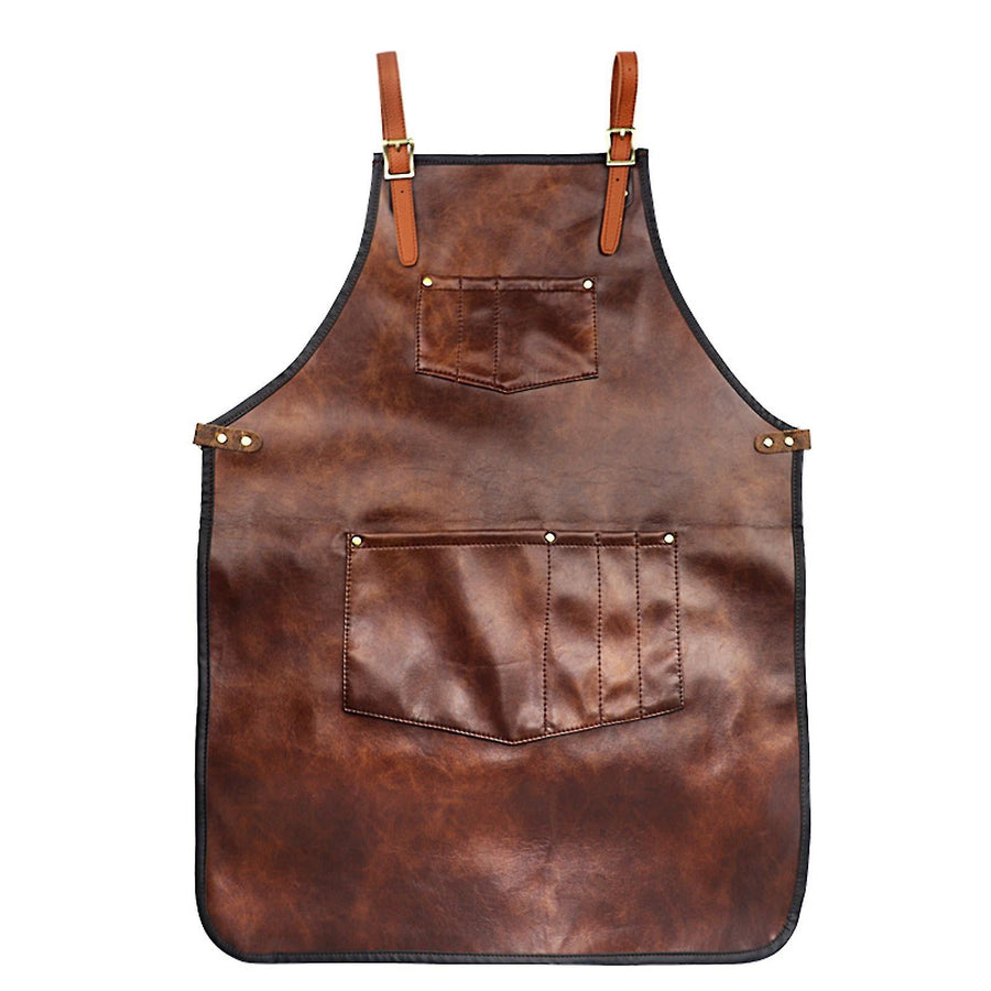 Brown B Chef Apron For Men Women Waterproof Leather Apron With Pockets Cross-Back Straps For Kitchen Bbq Cooking Barber Barista Apron Handworking