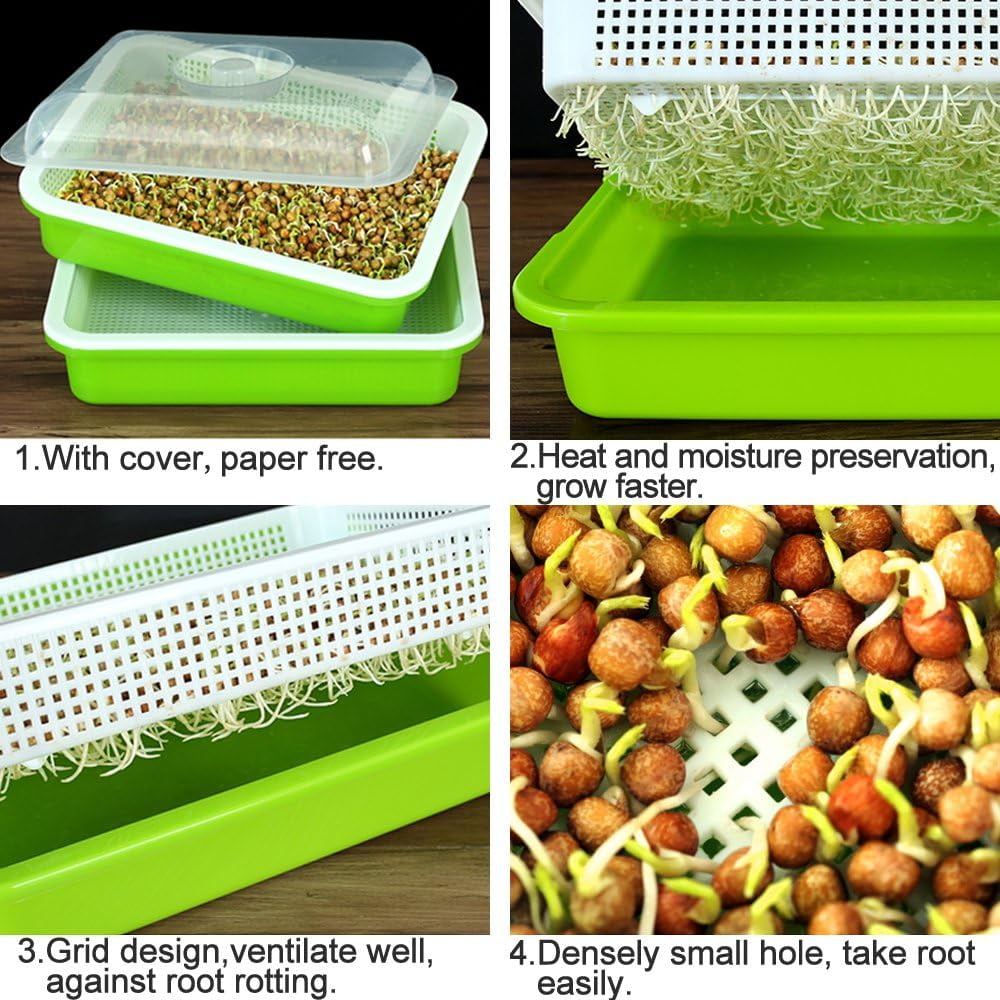 BPA Free Hydroponics Soilless Seeds Sprouter Microgreen Seed Sprouter Trays Seed Germination Double Tier Grow Trays with Lid 1PCS-Seed Sprouter Tray+Lid