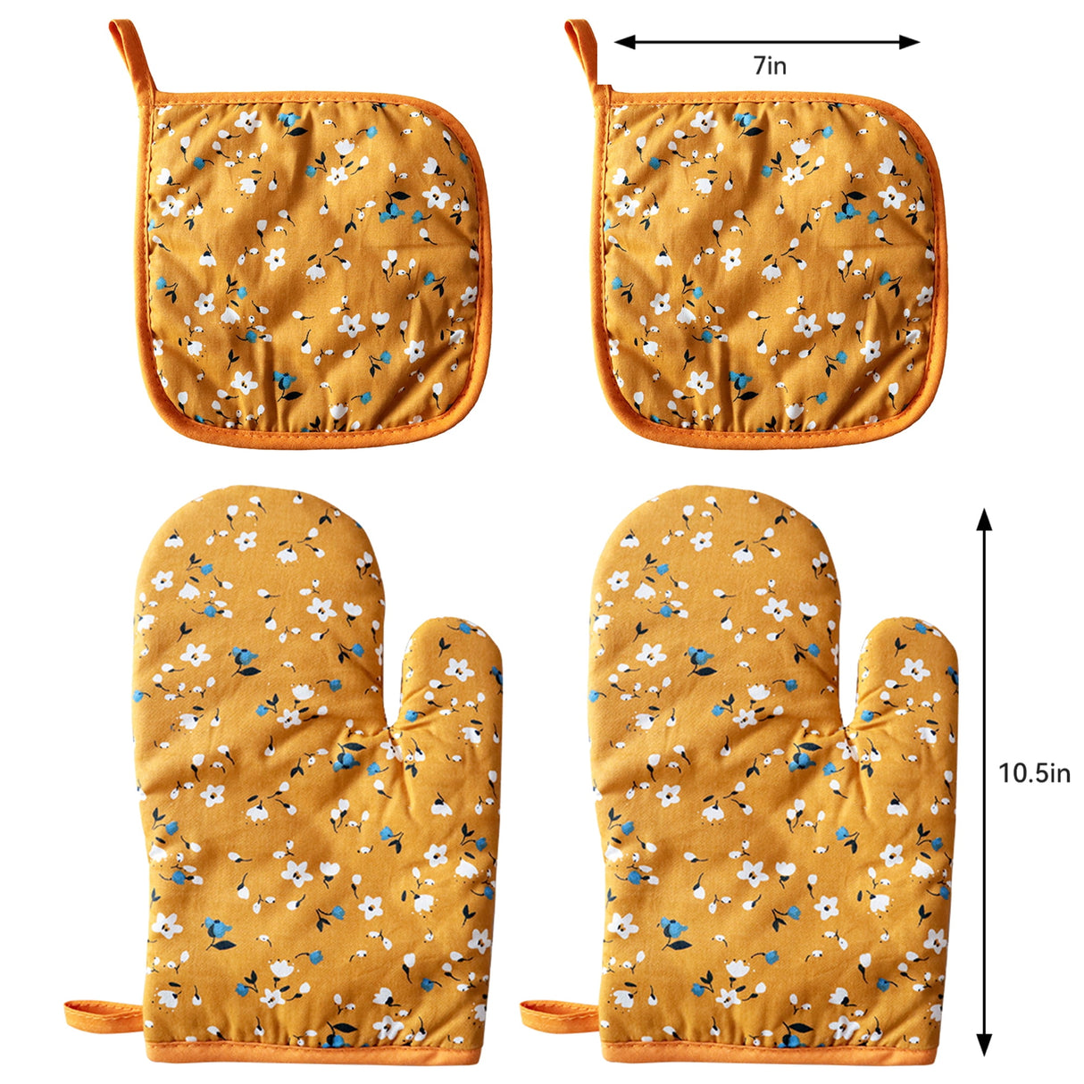 4 Pack Oven Mitts and Pot Holders Set, Heat Resistant Fabric Bake Pot Holders Gloves, Yellow Floral