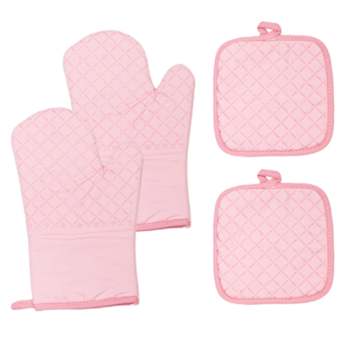 Oven Mitts and Pot Holders for Kitchen Heat Resistant - 4pcs Cotton Oven Gloves & Hot Pads with Non-Slip Silicone Grip Long Arm - Pink