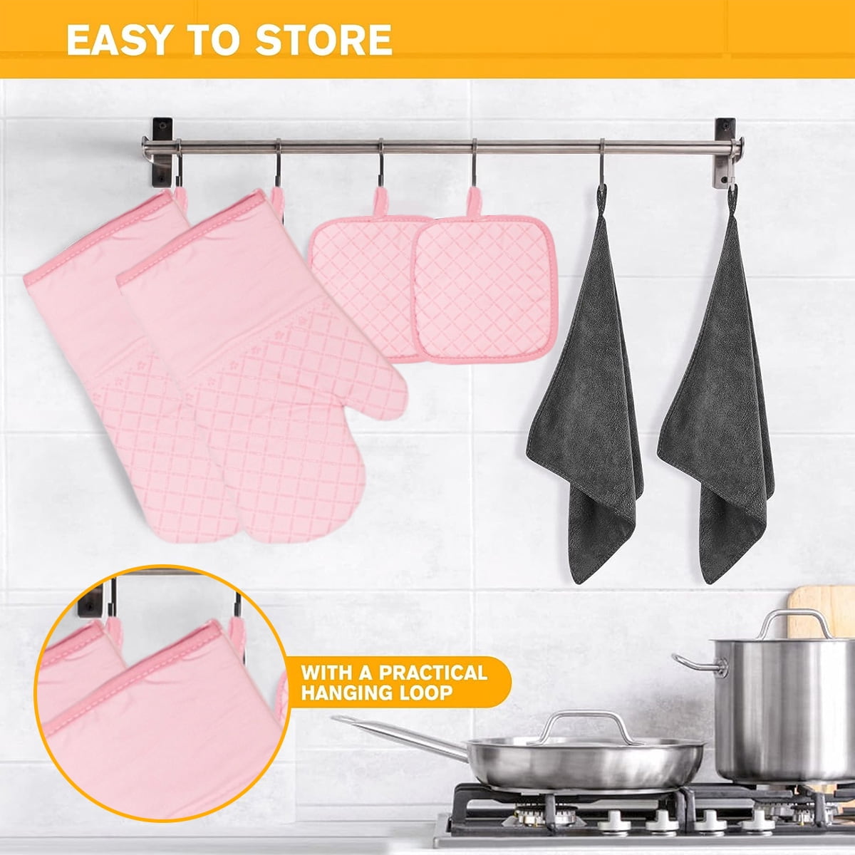 Oven Mitts and Pot Holders for Kitchen Heat Resistant - 4pcs Cotton Oven Gloves & Hot Pads with Non-Slip Silicone Grip Long Arm - Pink