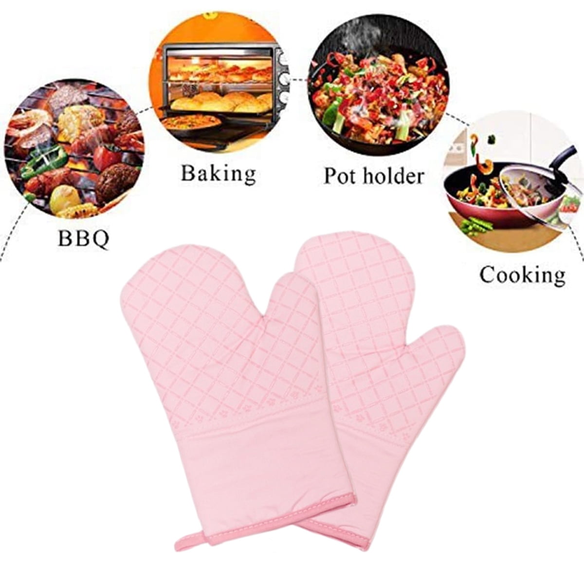 Oven Mitts and Pot Holders for Kitchen Heat Resistant - 4pcs Cotton Oven Gloves & Hot Pads with Non-Slip Silicone Grip Long Arm - Pink