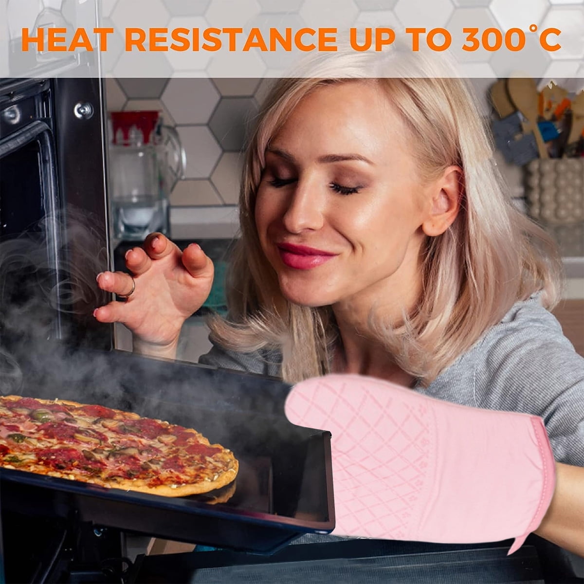 Oven Mitts and Pot Holders for Kitchen Heat Resistant - 4pcs Cotton Oven Gloves & Hot Pads with Non-Slip Silicone Grip Long Arm - Pink