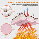 Oven Mitts and Pot Holders for Kitchen Heat Resistant - 4pcs Cotton Oven Gloves & Hot Pads with Non-Slip Silicone Grip Long Arm - Pink - Close-Up Angle