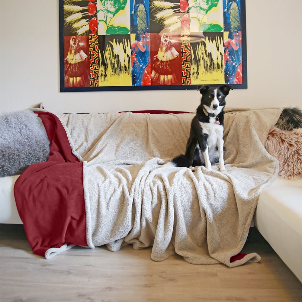 Waterproof Pet Blanket, Pee Urine Proof Dog Blanket Cover for Couch Bed Furniture Protector, Liquid Proof Blanket for Small Medium Dogs, Buffale Red/Tuape, 50” x 60”. Wine/Tuape