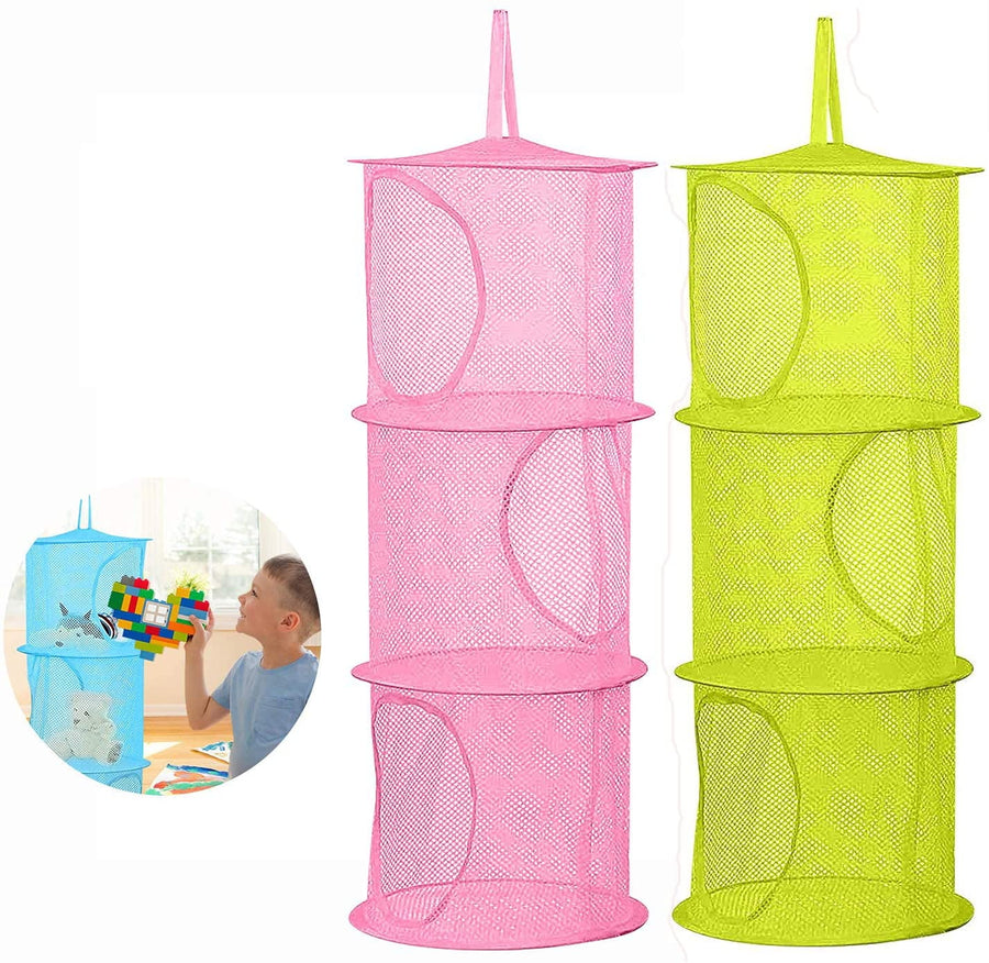 2 Pcs Hanging Mesh Stuffed Animal Storage Hammock Net, Foldable Toy Storage Organizer 3 Compartments Net for Stuffed Animals Corner for Boys, Girls, Gloves, Hats, Socks Pink-green
