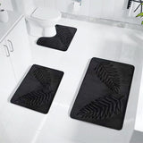 3 Pcs Bathroom Rugs, Leaves Bath Mat Toilet Mats, Soft Comfortable Non-Slip Bathroom Rug Set, Bath Mats for Bathroom, Machine Washable Bath Mat Bathroom Rug Sets, 20x31.5in, Black 3pc Navy