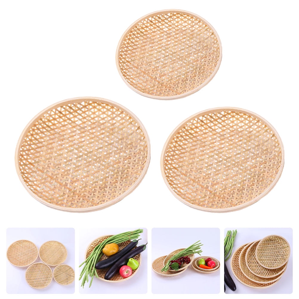Set of 3 Shallow Baskets with Woven Trays - Multi-Purpose Fruit, Vegetable, Dessert Serving and Wall Decor Traditional Chinese Style