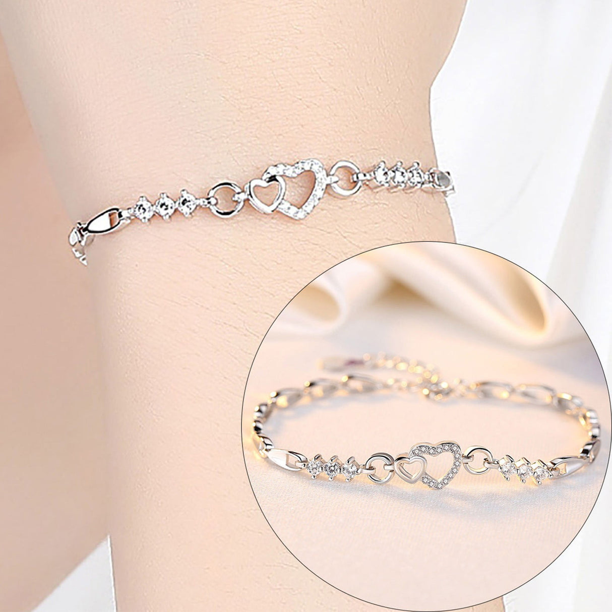 Amethyst Plated 925 Bracelet Love Heart-shaped Hand Jewelry Female Zircon Heart To Heart Jewelry , Birthday Gifts, Fits 16-19cm wrist circumference