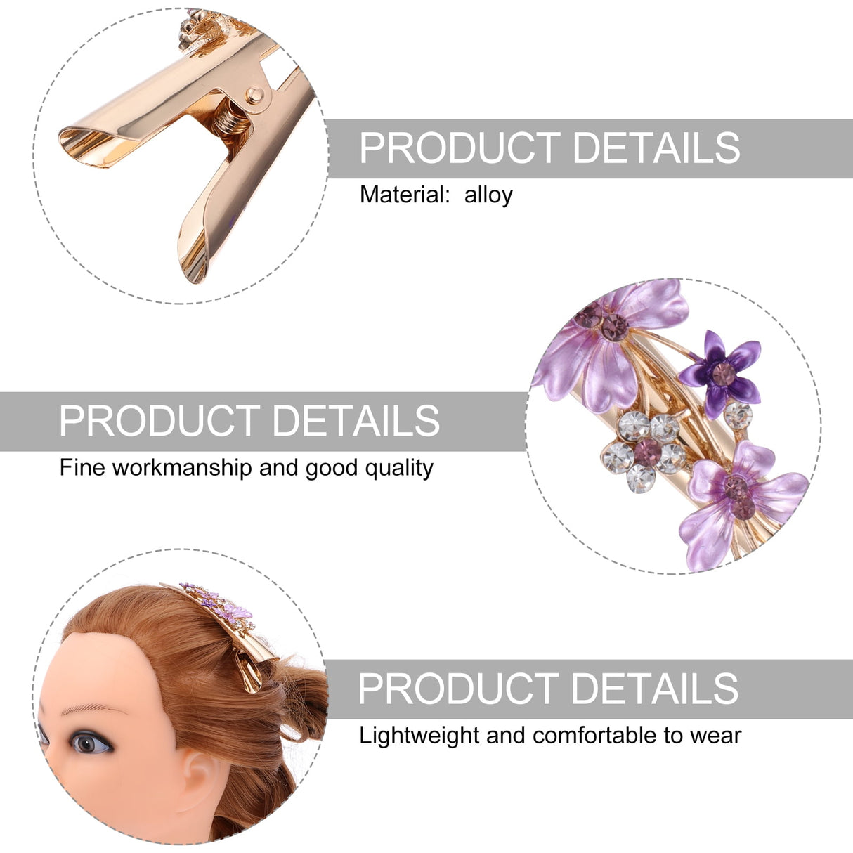 Metal Flower Clip Large Hair Barrettes Rhinestone Alligator Hair Clips for Women Accessories Party Festival Style Purple