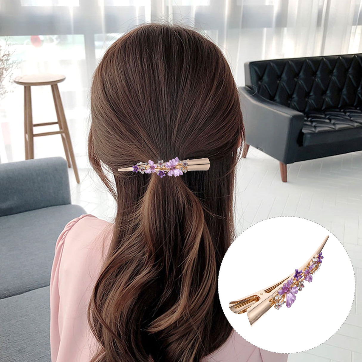 Metal Flower Clip Large Hair Barrettes Rhinestone Alligator Hair Clips for Women Accessories Party Festival Style Purple