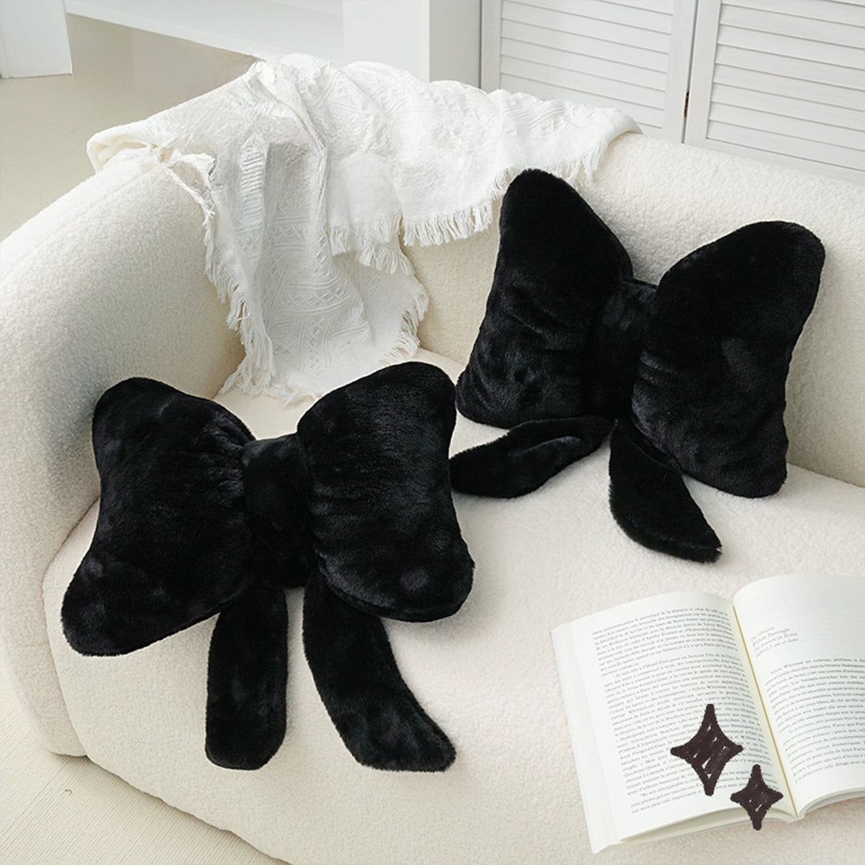 Bow Shaped Throw Pillow Soft Stuffed Bow Christmas Decorations Soft Furry Bow Throw Pillows Cute Bowknot Plush Pillow Home Decor for Couch Living Room Bed Black