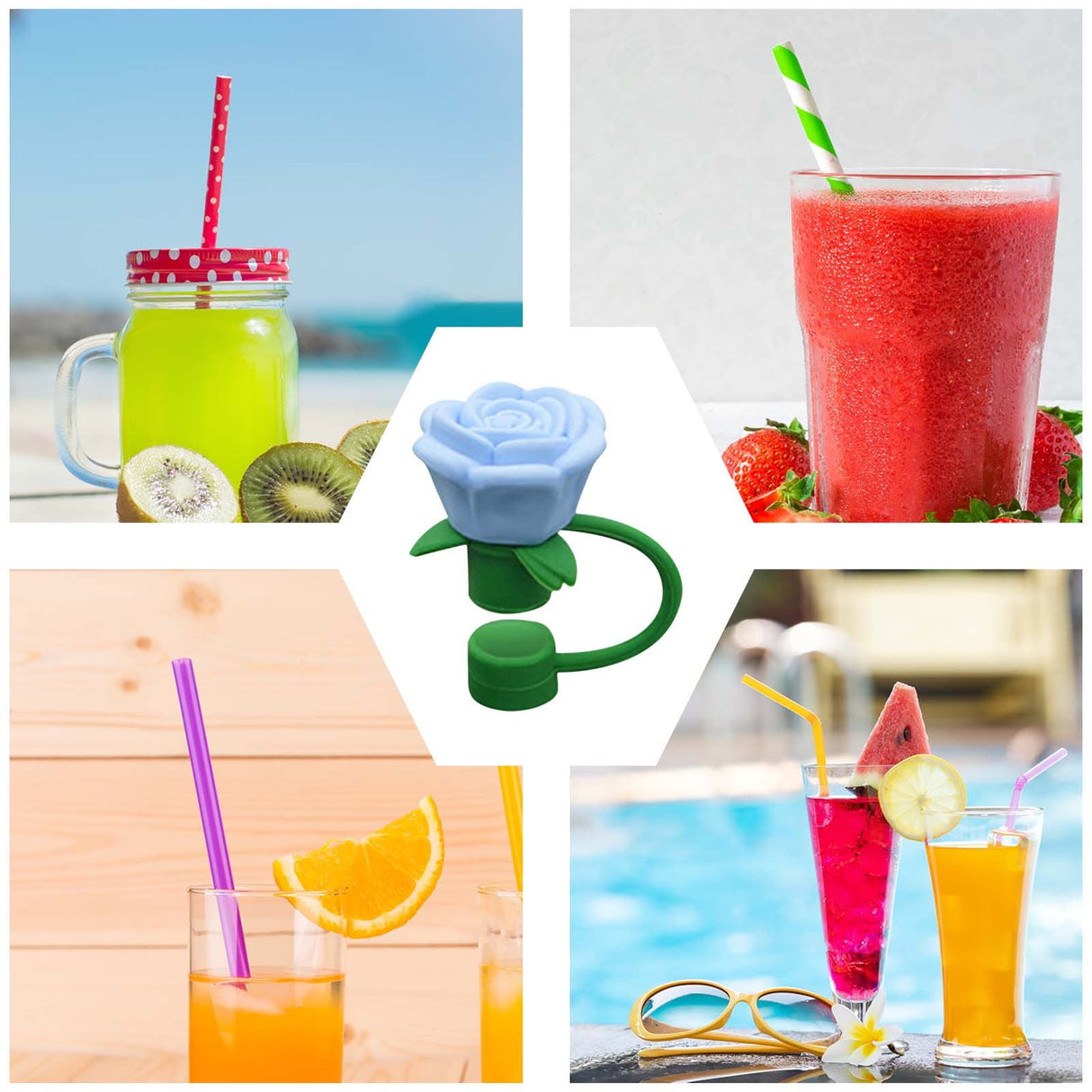 Rose Straw Toppers 10mm, Pink Flower Straw Covers Straw Tips for Tumblers Cup Accessories Tumbler Accessories Blue