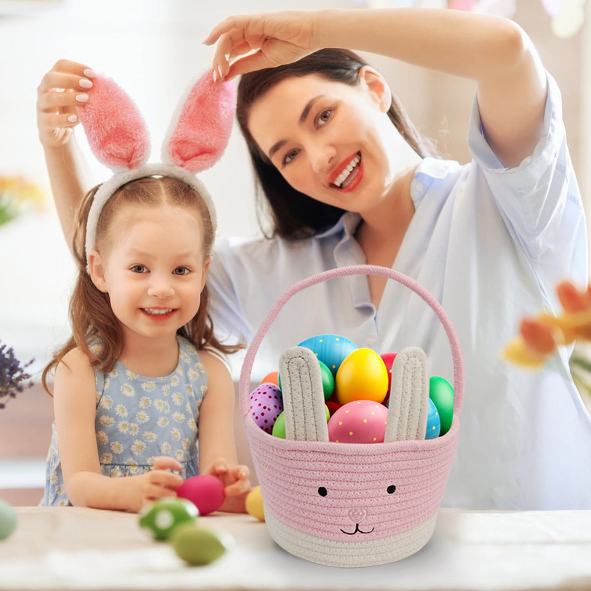 Easter Basket for Boys Girls Easter Bunny Basket with Rabbit Ears, Easter Egg Hunting Basket Easter Baskets for Kids Babies First Easter Gifts B