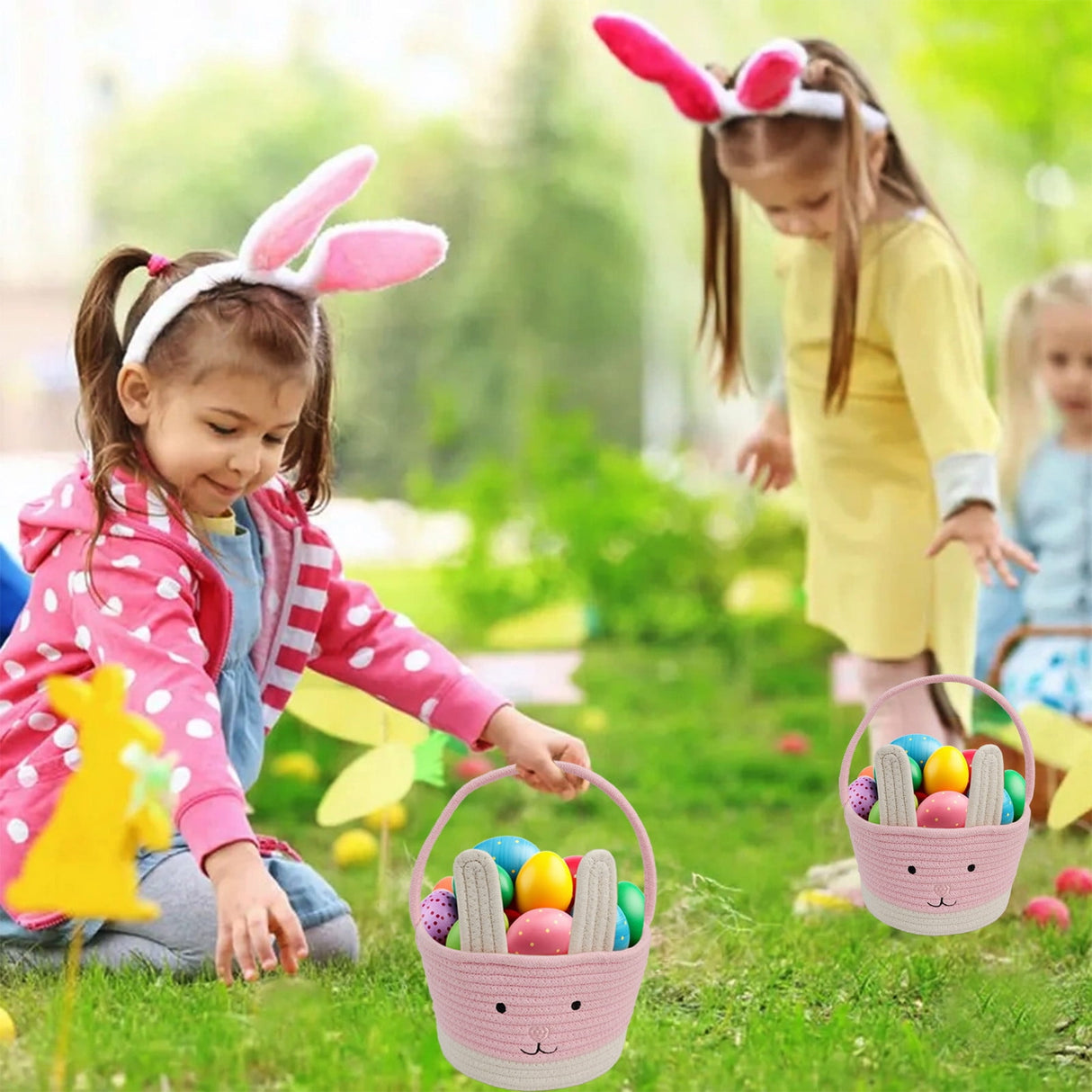 Easter Basket for Boys Girls Easter Bunny Basket with Rabbit Ears, Easter Egg Hunting Basket Easter Baskets for Kids Babies First Easter Gifts B