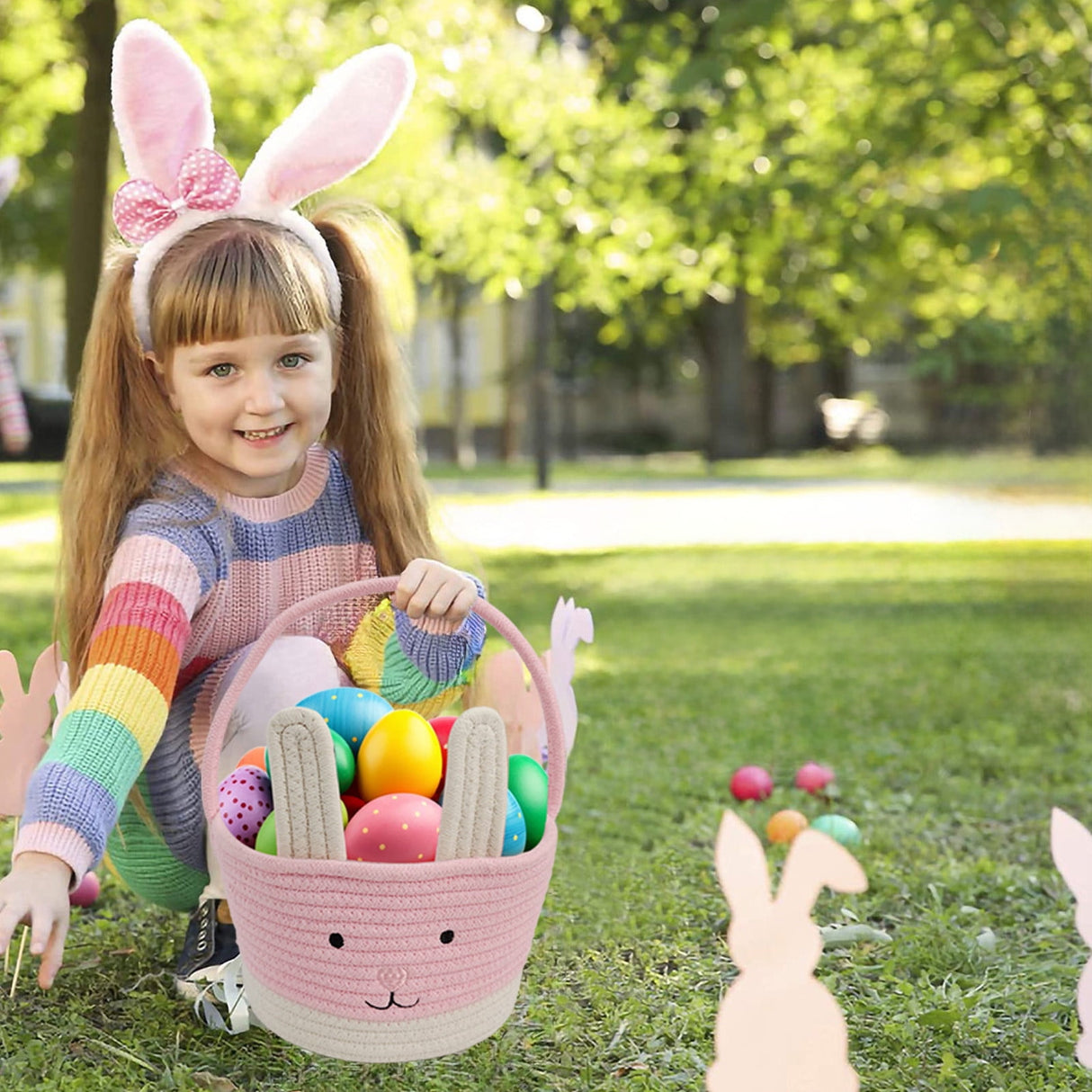 Easter Basket for Boys Girls Easter Bunny Basket with Rabbit Ears, Easter Egg Hunting Basket Easter Baskets for Kids Babies First Easter Gifts B