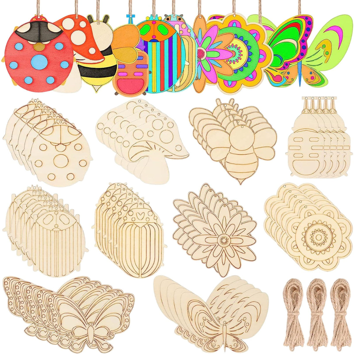60Pcs Wood Cutouts Ornaments for Crafts Butterfly Flower Unfinished Wooden Slices DIY Paint Crafts Blank Hanging Embellishment for Painting Spring Holiday Party Supplies Beige