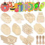 60Pcs Wood Cutouts Ornaments for Crafts Butterfly Flower Unfinished Wooden Slices DIY Paint Crafts Blank Hanging Embellishment for Painting Spring Holiday Party Supplies Beige
