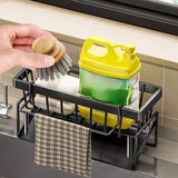 Sponge Holder for Kitchen Sink, Auto Draining Kitchen Sink Caddy, Rustproof Steel Dish Sponge Organizer with Removable Dishcloth Rack, Soap Dispenser Brush Holder X-Black