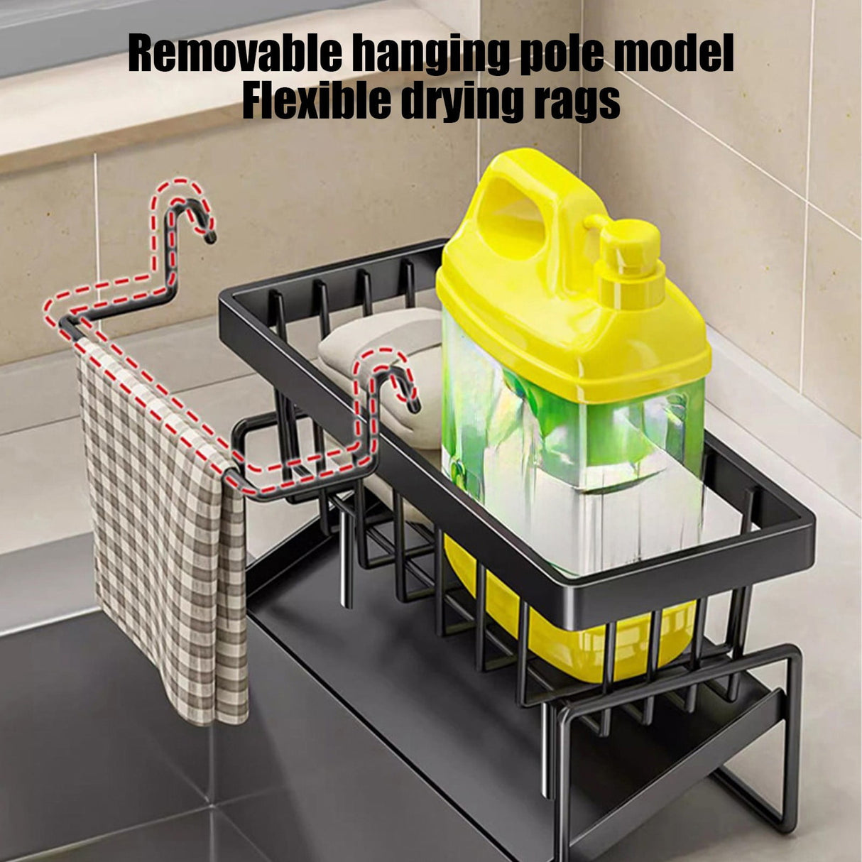 Sponge Holder for Kitchen Sink, Auto Draining Kitchen Sink Caddy, Rustproof Steel Dish Sponge Organizer with Removable Dishcloth Rack, Soap Dispenser Brush Holder X-Black