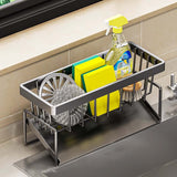Sponge Holder for Kitchen Sink, Auto Draining Kitchen Sink Caddy, Rustproof Steel Dish Sponge Organizer with Removable Dishcloth Rack, Soap Dispenser Brush Holder X-Gray