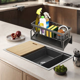 Sponge Holder for Kitchen Sink, Auto Draining Kitchen Sink Caddy, Rustproof Steel Dish Sponge Organizer with Removable Dishcloth Rack, Soap Dispenser Brush Holder X-Gray - Top-Down View