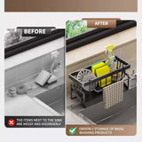 Sponge Holder for Kitchen Sink, Auto Draining Kitchen Sink Caddy, Rustproof Steel Dish Sponge Organizer with Removable Dishcloth Rack, Soap Dispenser Brush Holder X-Gray - 45-Degree Angle