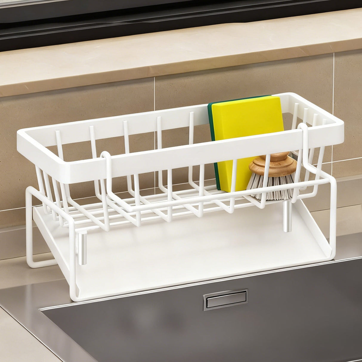 Sponge Holder for Kitchen Sink, Auto Draining Kitchen Sink Caddy, Rustproof Steel Dish Sponge Organizer with Removable Dishcloth Rack, Soap Dispenser Brush Holder X-White