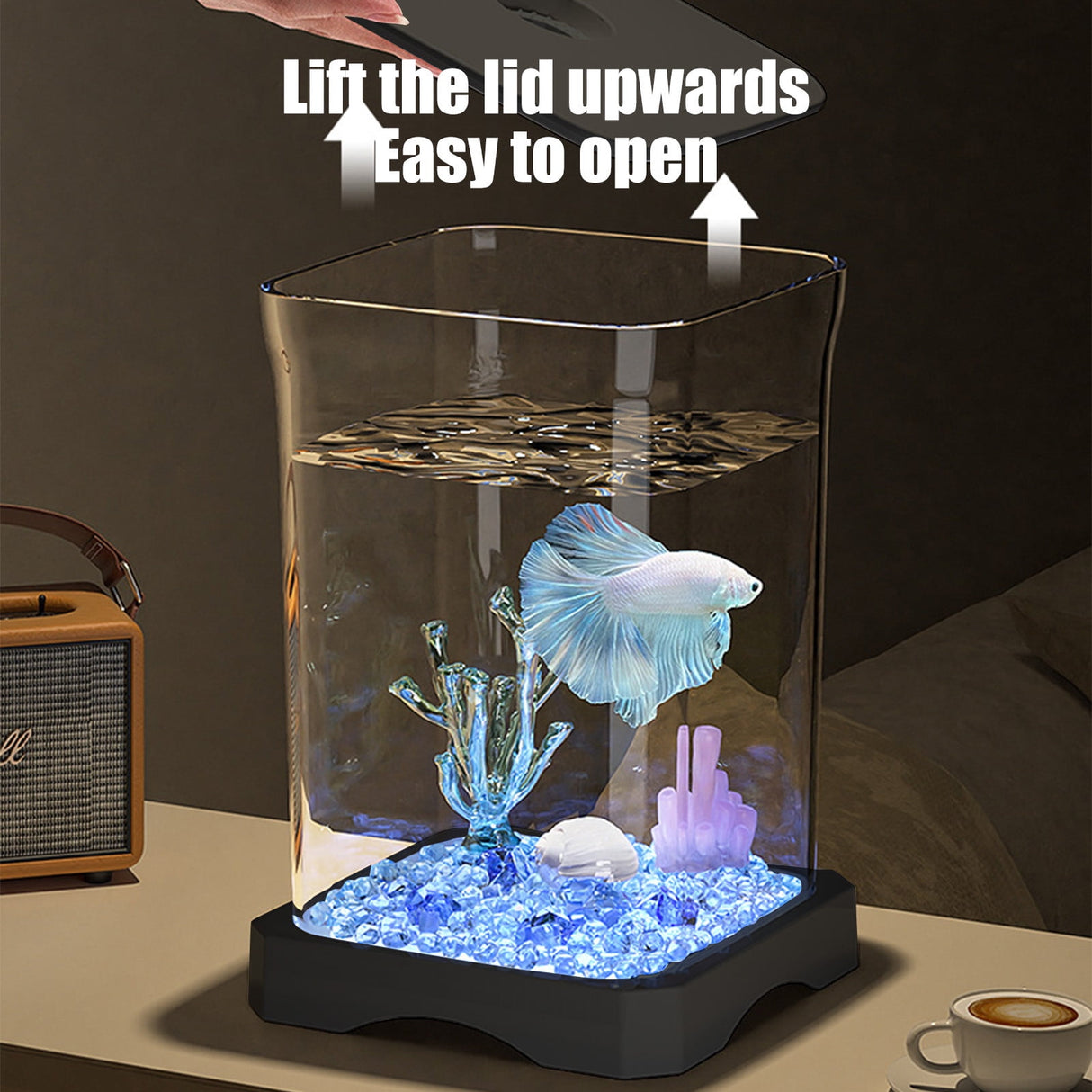 Small Fish Tank Kit, Desktop Fish Tank, Mini Aquarium with Led Light Decoration, Small Aquarium Starter Kits Desktop Room Decor, for Home, Office, Decorative Desktop Black