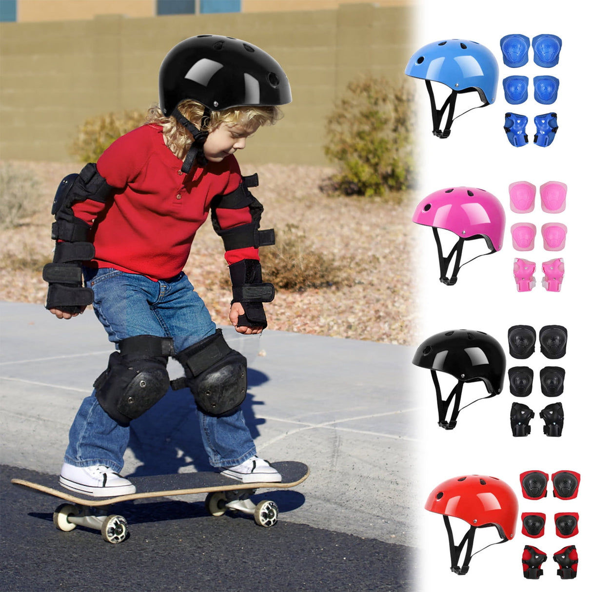 Kids Helmet Knee Elbow Pads Wrist Guard Sport Protective Gear Adjustable Scooter Skateboard Roller Bike Skate Cycling Set for Boy Girl Pink