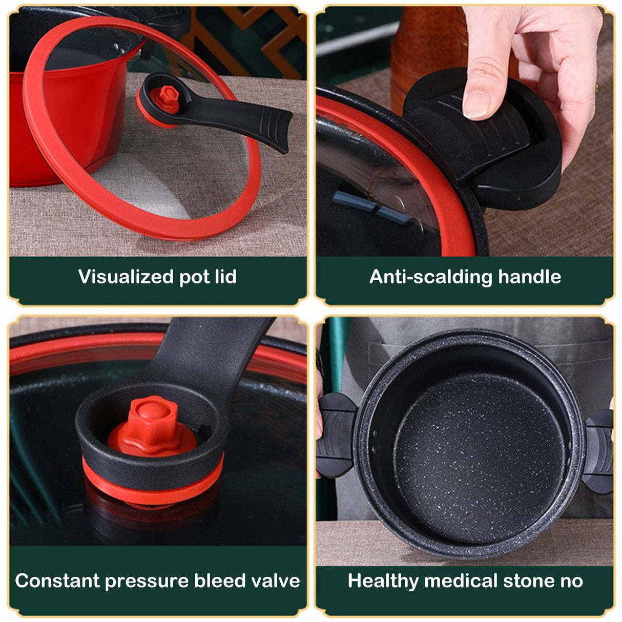 Nonstick Ceramic Coated Sauce Pan with Lid, Crock Pot with Twist & Lock Handles, Micro Pressure Cooker Versatile Cookware for Stovetops, Easy to Clean Red