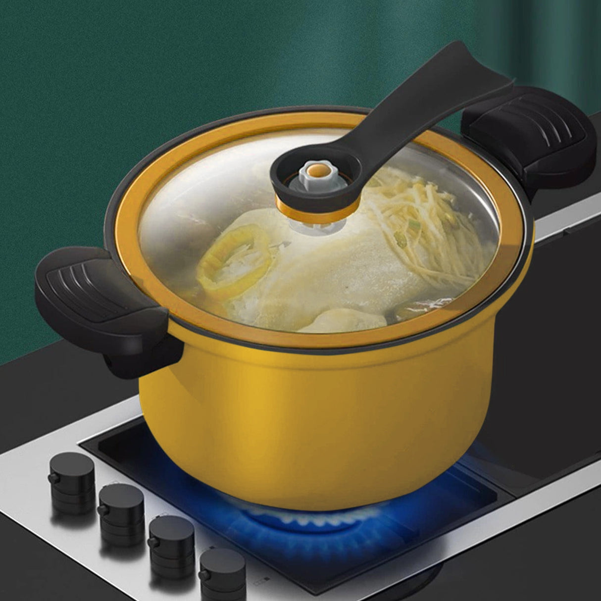 Nonstick Ceramic Coated Sauce Pan with Lid, Crock Pot with Twist & Lock Handles, Micro Pressure Cooker Versatile Cookware for Stovetops, Easy to Clean Yellow