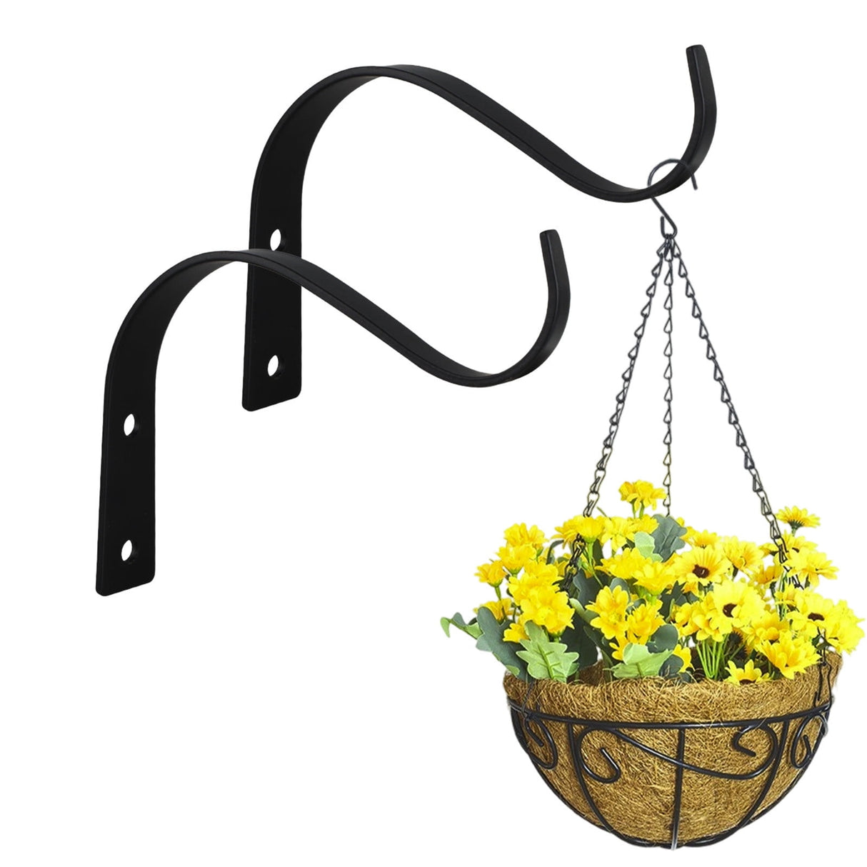 2 Pack Iron Wall Hooks for Hanging Plant Lanterns, Plant Hanger Fence Metal Bracket for Bird Feeders, Wind Chimes, Outdoor Indoor Rustic Home Decor Black