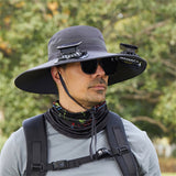 Solar Fan Hat Wide Brim Solar Fan Hat Outdoor Wide Brim Sun Hat with Solar Fan Fishing Hat, Removable & USB Charging Fan A-Dark Gray - Side View