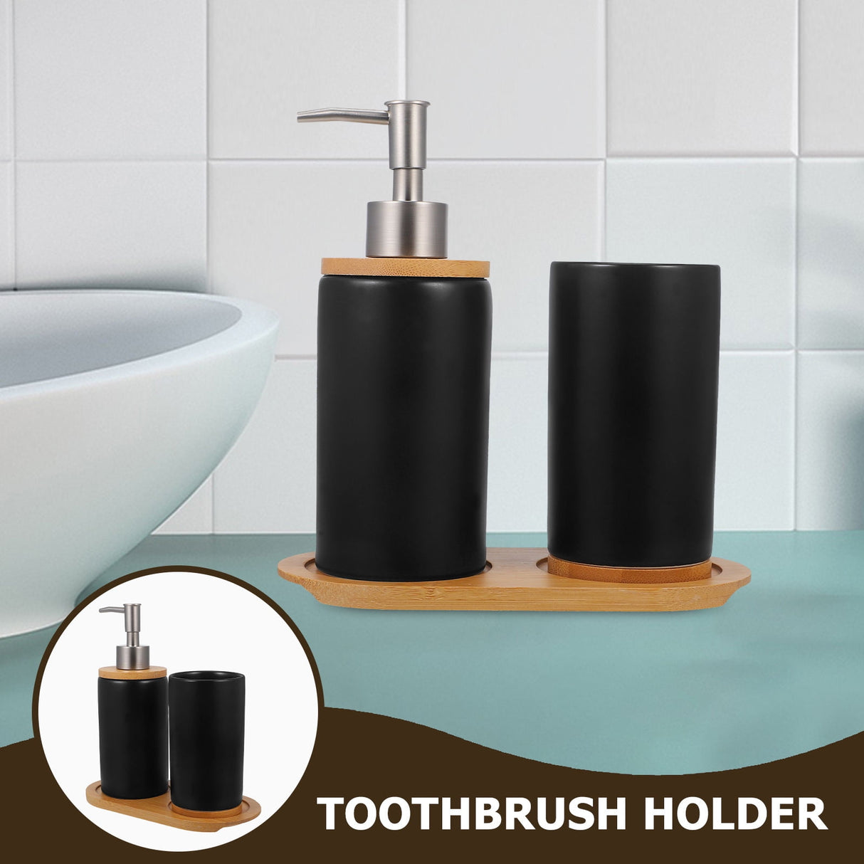 1 Set Black Ceramic Bamboo Bathroom Essentials Toothbrush Holder Soap Dispenser Storage