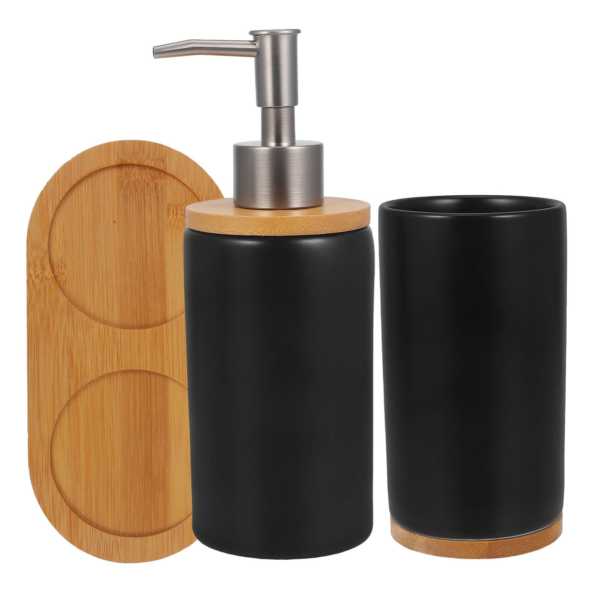 1 Set Black Ceramic Bamboo Bathroom Essentials Toothbrush Holder Soap Dispenser Storage