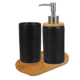 1 Set Black Ceramic Bamboo Bathroom Essentials Toothbrush Holder Soap Dispenser Storage - Close-Up Angle