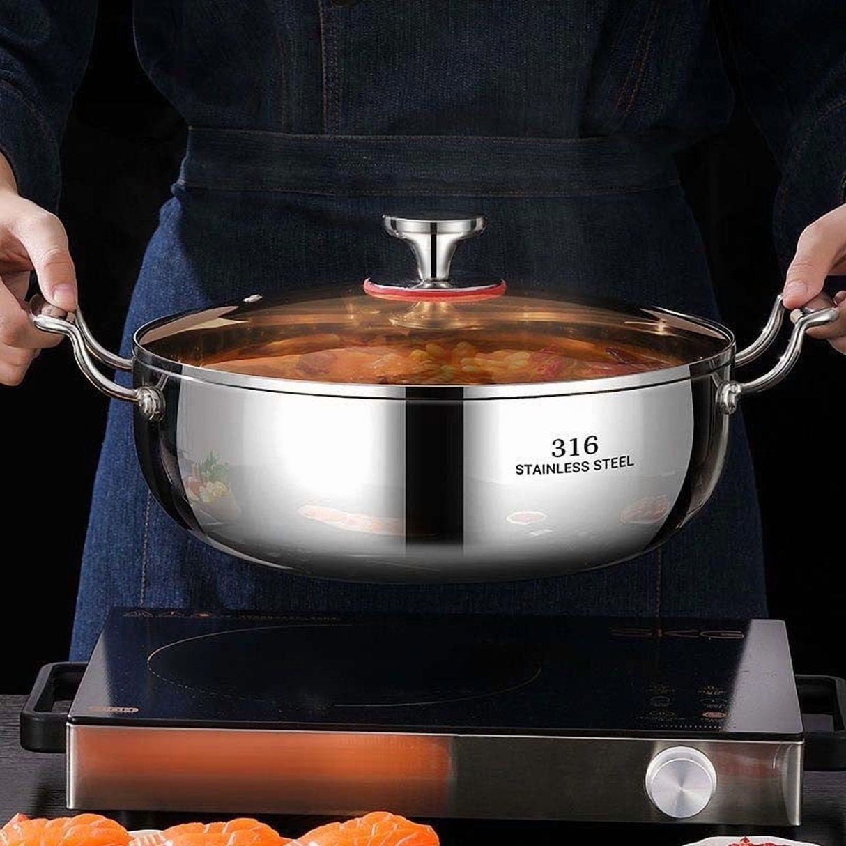 316 Stainless Steel Hot Pot with Lid Large Pots for Cooking Thick Bottom Stew Soup Pots with Lid Stockpot for Pasta, Soup, Simmer Kitchens Appliances Multicolor