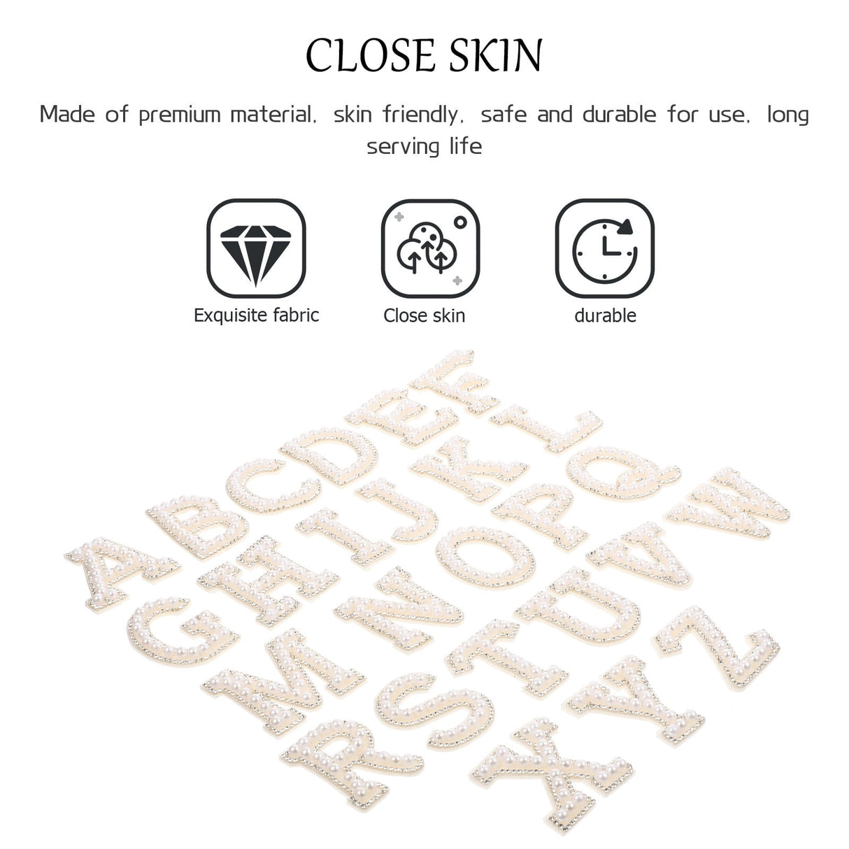 White Letter Iron-On Patches with Embellishments for Clothing Decoration, 26 Pieces Polyester Set
