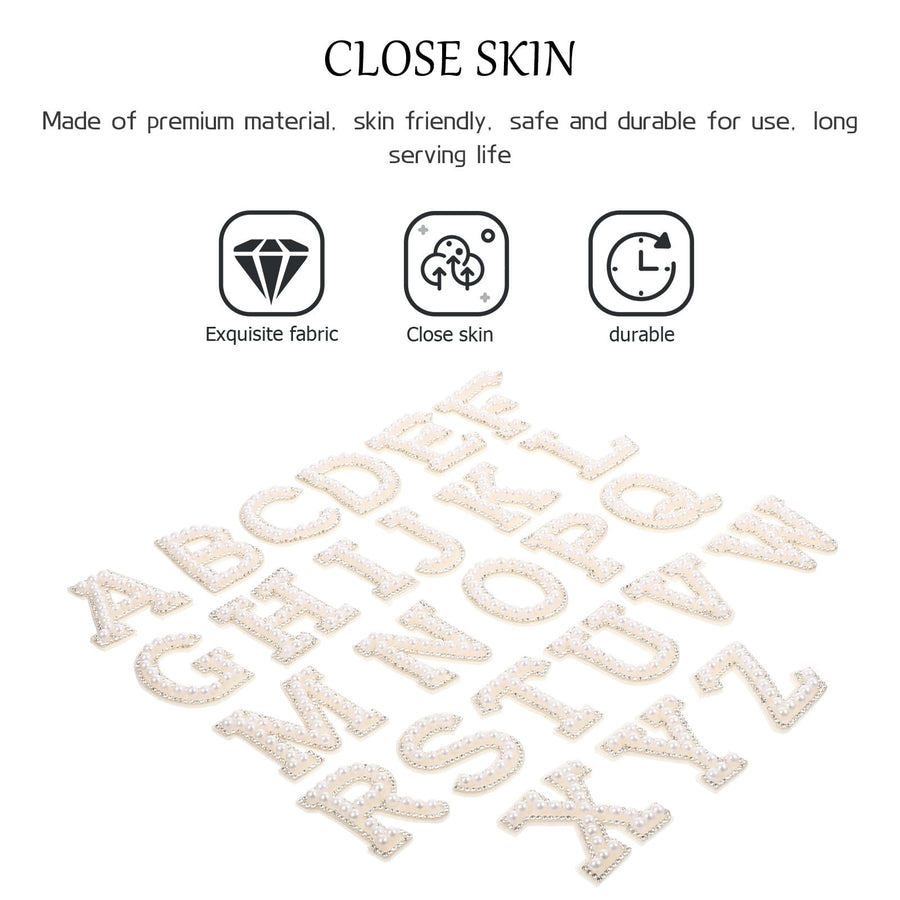 White Letter Iron-On Patches with Embellishments for Clothing Decoration, 26 Pieces Polyester Set