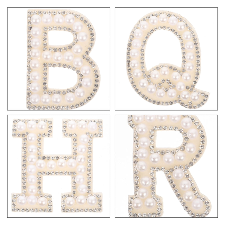 White Letter Iron-On Patches with Embellishments for Clothing Decoration, 26 Pieces Polyester Set