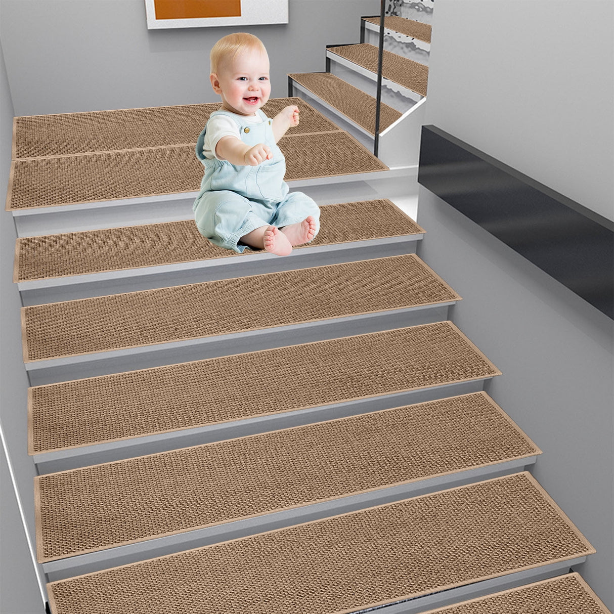 Chmadoxn 4-Piece Non-Slip Stair Treads, Self-Adhesive Striped Carpet Mats, Absorbent & Quiet Step Pads, Can Be Cut to Fit, Washable for Indoor Staircase Safety\u200b\u200b Brown 1
