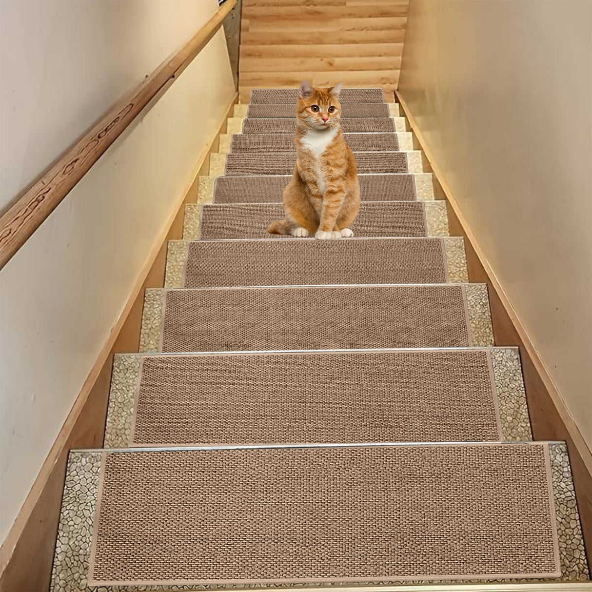 Chmadoxn 4-Piece Non-Slip Stair Treads, Self-Adhesive Striped Carpet Mats, Absorbent & Quiet Step Pads, Can Be Cut to Fit, Washable for Indoor Staircase Safety\u200b\u200b Brown 1