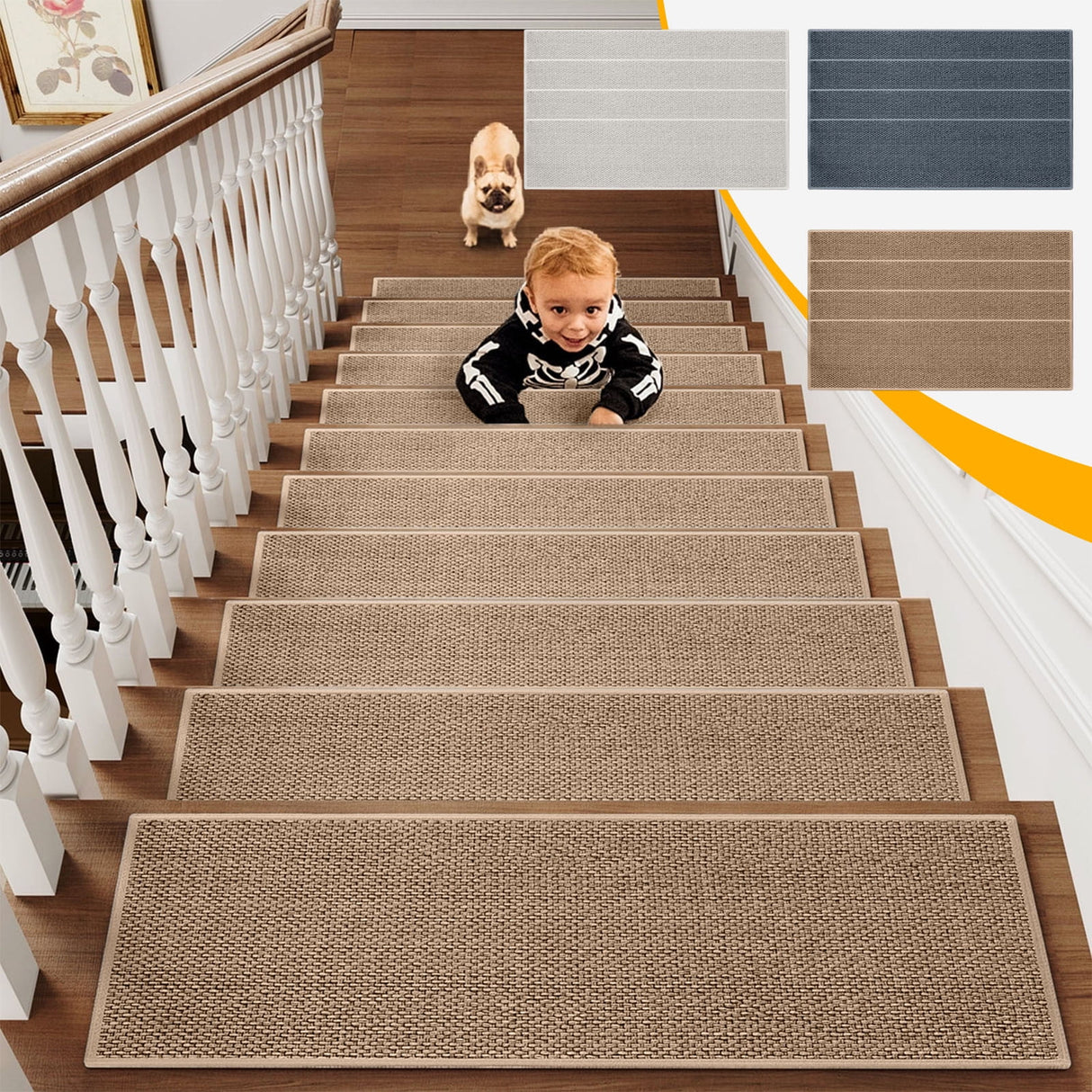 Chmadoxn 4-Piece Non-Slip Stair Treads, Self-Adhesive Striped Carpet Mats, Absorbent & Quiet Step Pads, Can Be Cut to Fit, Washable for Indoor Staircase Safety\u200b\u200b Gray 2